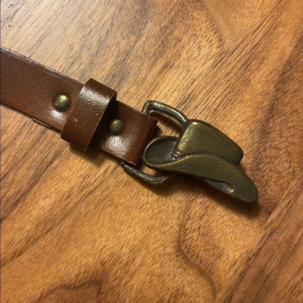 Vintage Brown Leather Belt with Cowboy Hat Belt Buckle